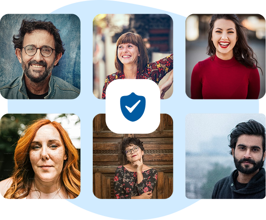 Portraits of people with a security symbol for trustworthy online shopping.