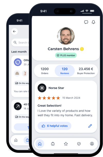Two mobile phones show the profile of a fictitious member of the Community of Trust in the app view.