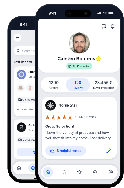 Two mobile phones show the profile of a fictitious member of the Community of Trust in the app view.
