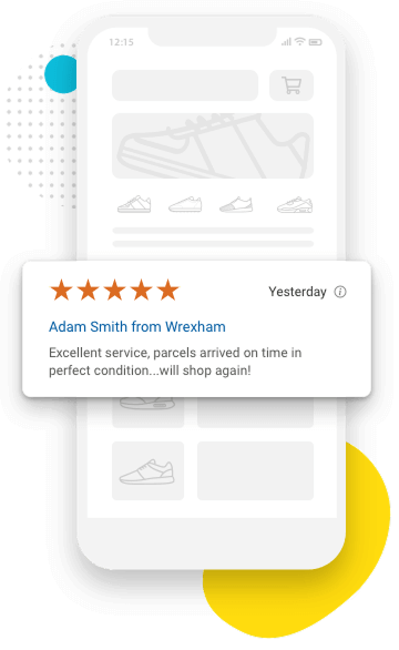 Trusted Shops review with 5 stars in front of a mobile phone wireframe